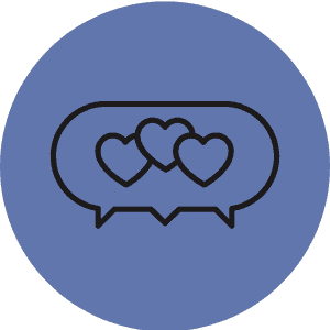 Workshop - Blå cirkel med talebobbel der indeholder tre hjerter